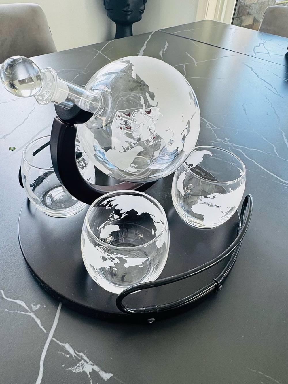 Crystal Globe Decanter Set with Four Etched Glasses - Clear/Black